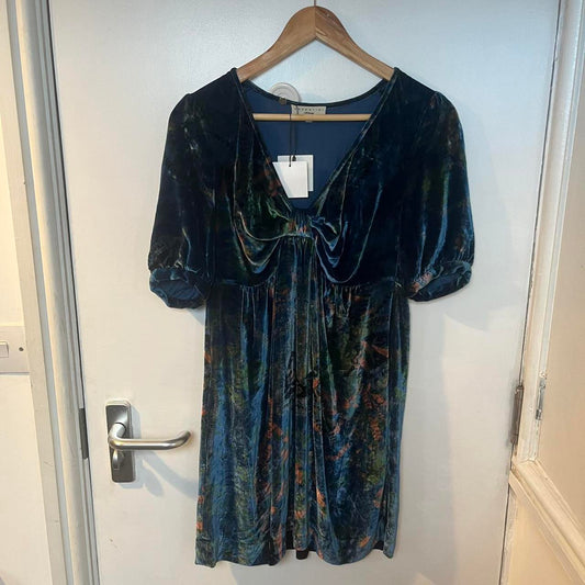 Essentiel Antwerp blue velvet dress with floral pattern and cowl neck