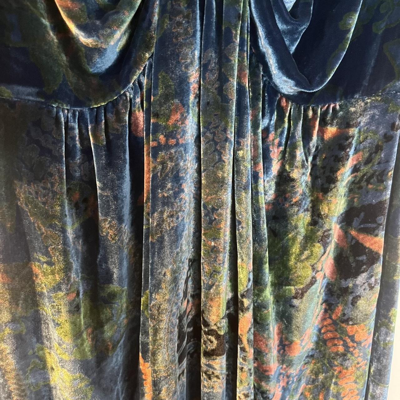 Essentiel Antwerp blue velvet dress with floral pattern and cowl neck