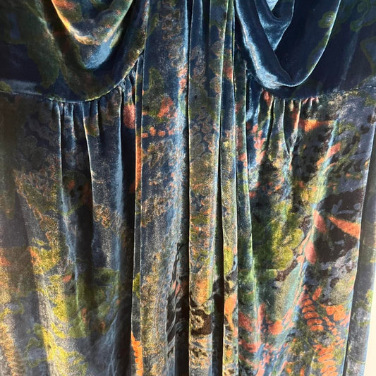Essentiel Antwerp blue velvet dress with floral pattern and cowl neck