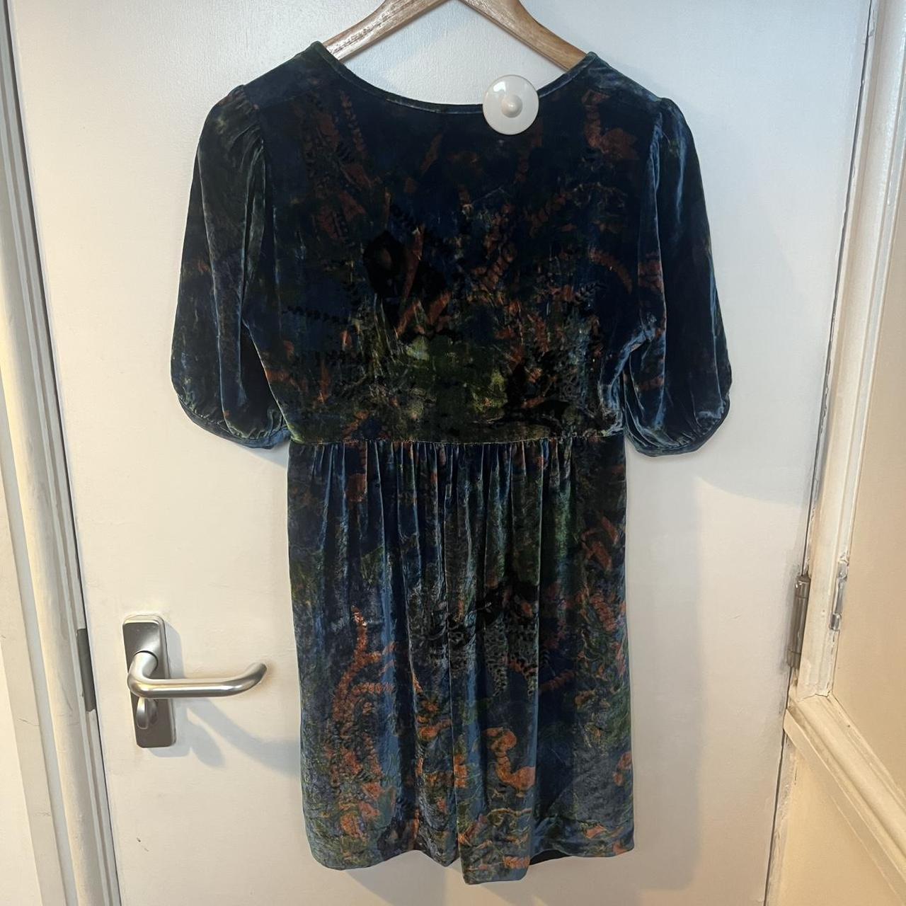 Essentiel Antwerp blue velvet dress with floral pattern and cowl neck